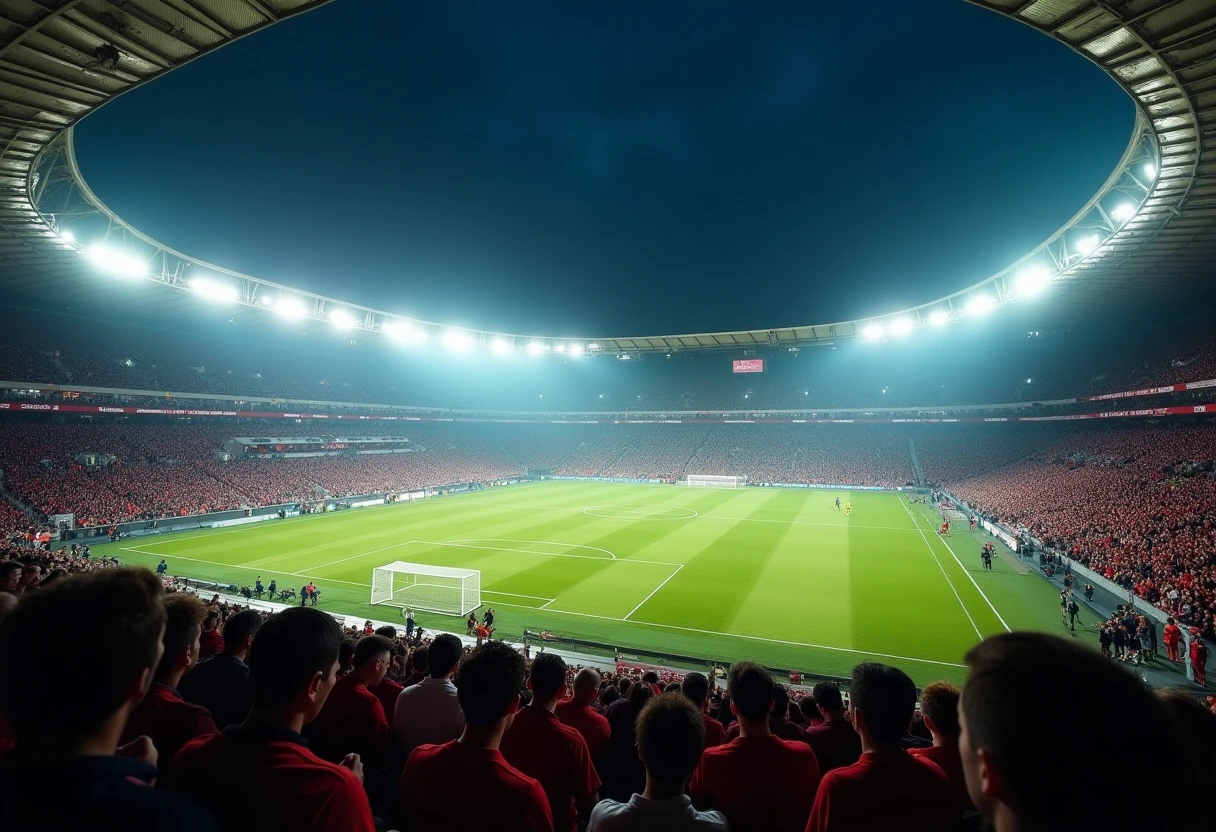 Campo de fútbol vibrante durante un partido nocturno