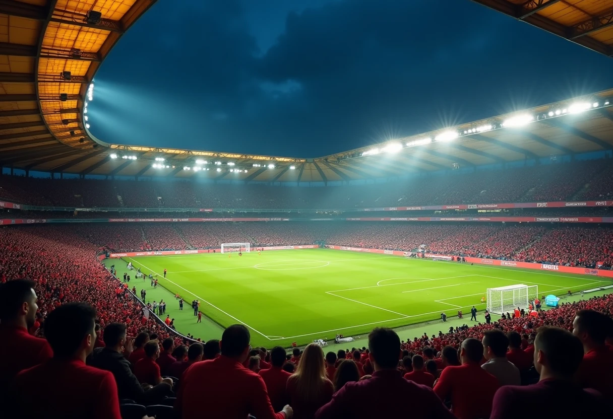 Estadio lleno durante un partido nocturno de fútbol