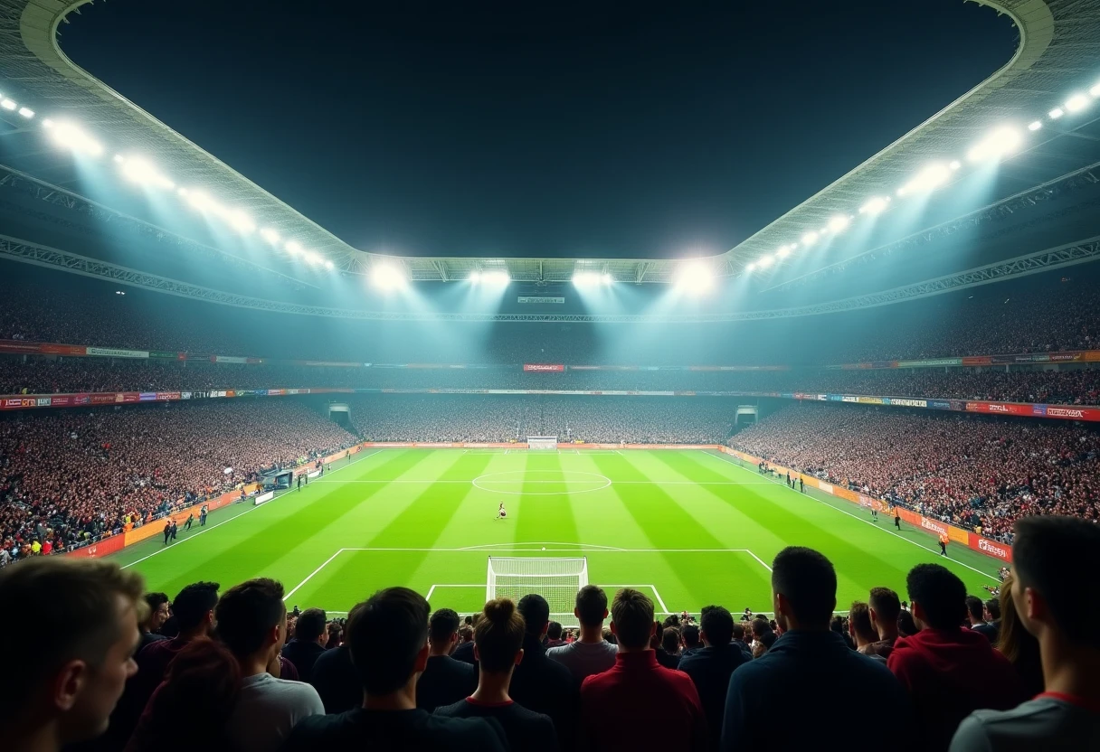 Partido de fútbol en un estadio iluminado