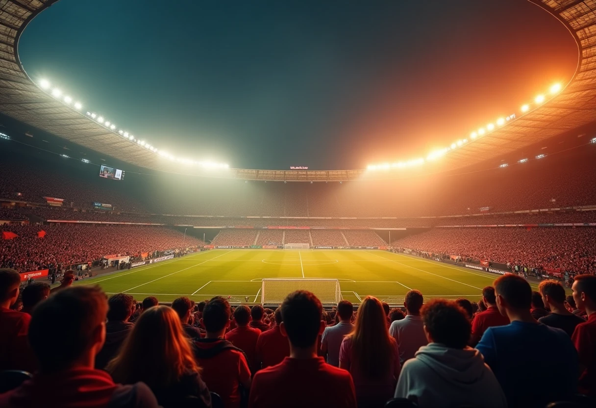 Ambiente de estadio durante un partido de fútbol nocturno