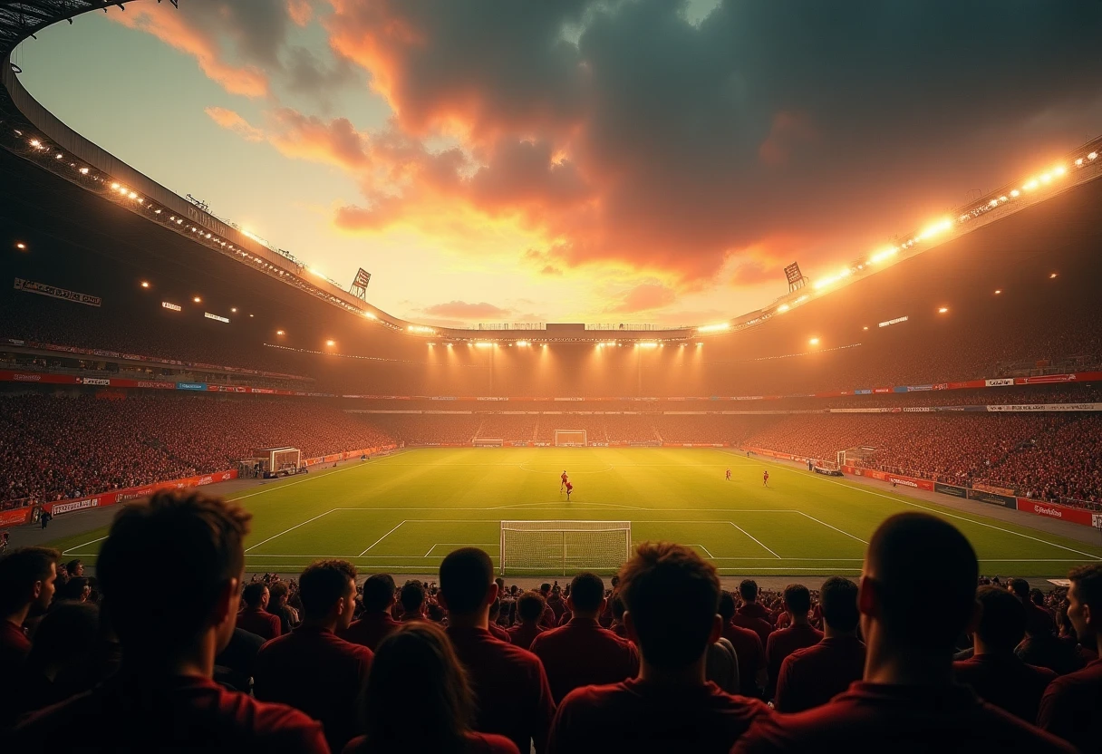 Campo de futebol iluminado durante o pôr do sol