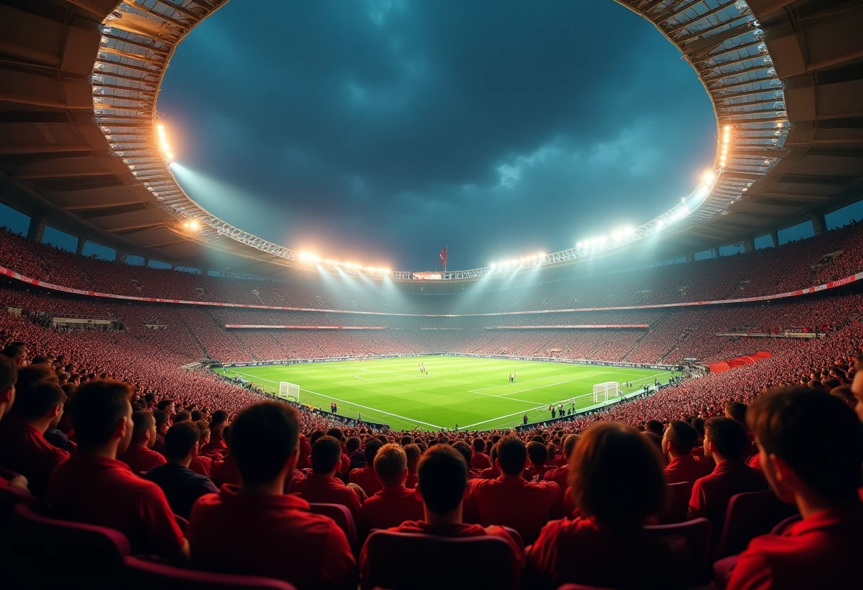 Estádio de futebol iluminado com torcedores animados