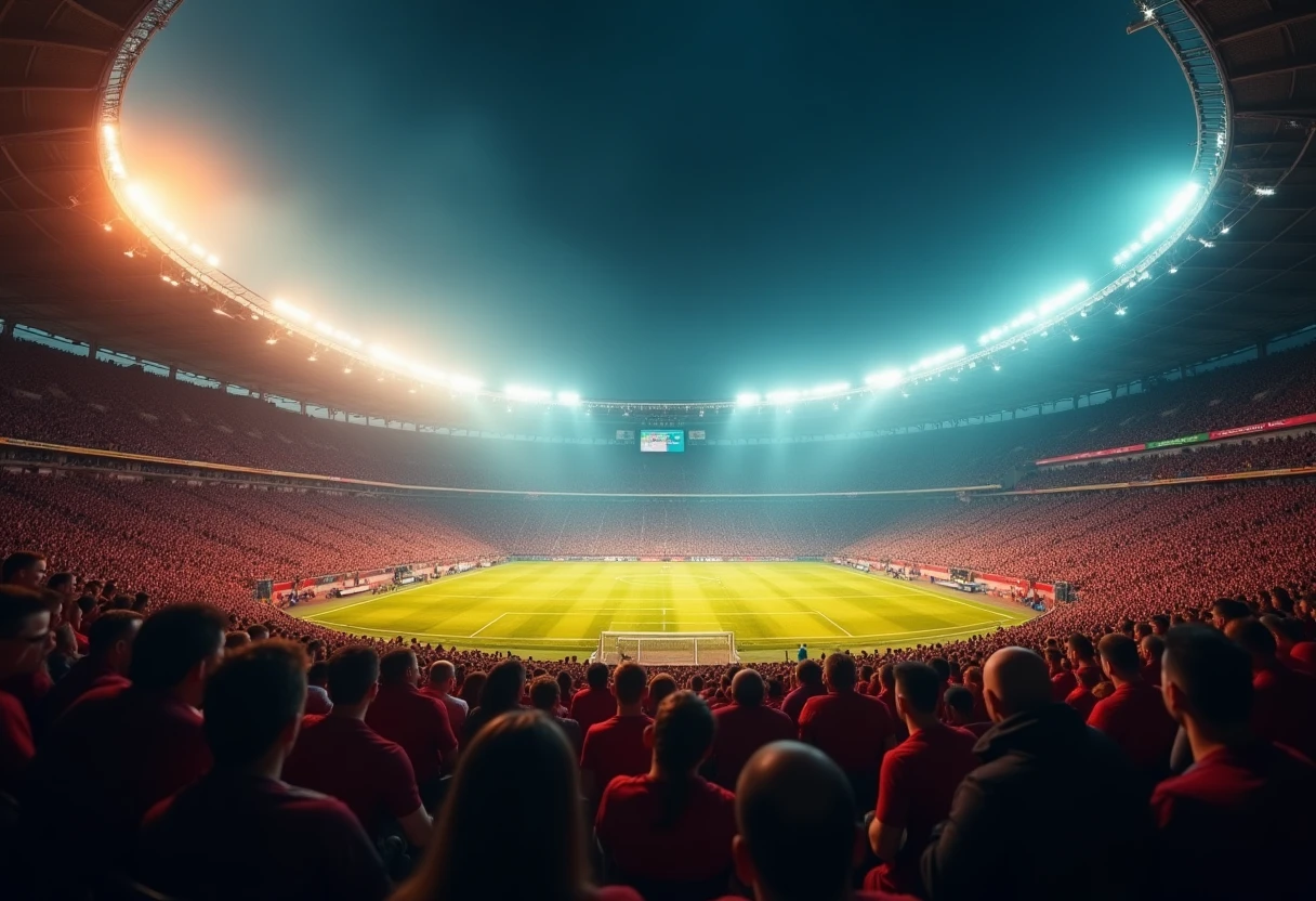 Estadio de fútbol con luces brillantes y multitudes animadas
