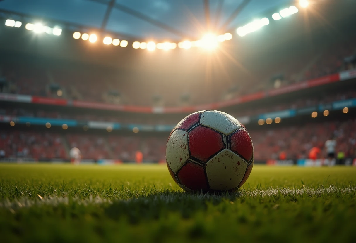 Balón de fútbol en el campo con luces de estadio