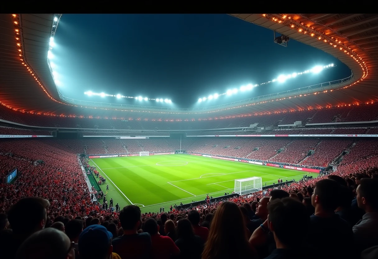 Un grande stadio europeo illuminato di notte